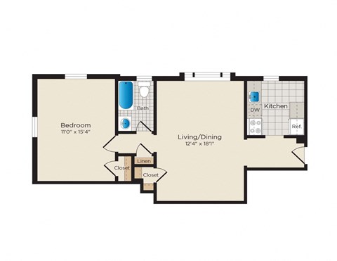Floor plan for 1 bed, 1 bath, 550 sqft